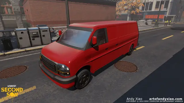 Red van on a street