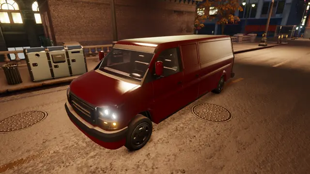 Van at dusk, headlights on
