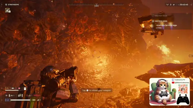 A Helldivers 2 stream with the cat's overlay in the bottom-right corner