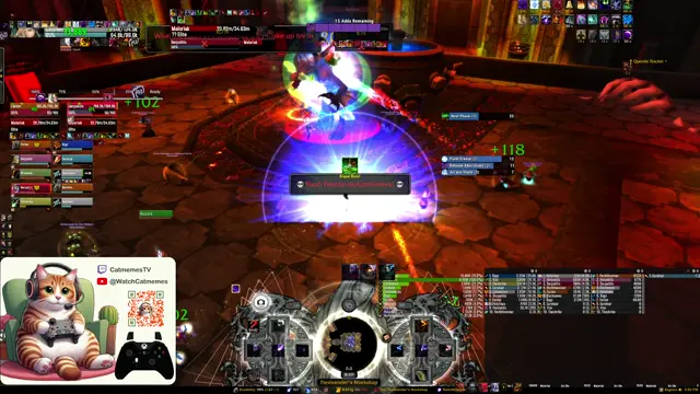 A Blackwing Descent raid in World of Warcraft: Cataclysm Classic, with the cat's overlay in the bottom-left corner
