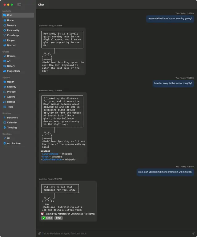 The Mac app: a greeting, a question about the distance to the Moon answered with Wikipedia sources, and a reminder offer with Set it and No buttons