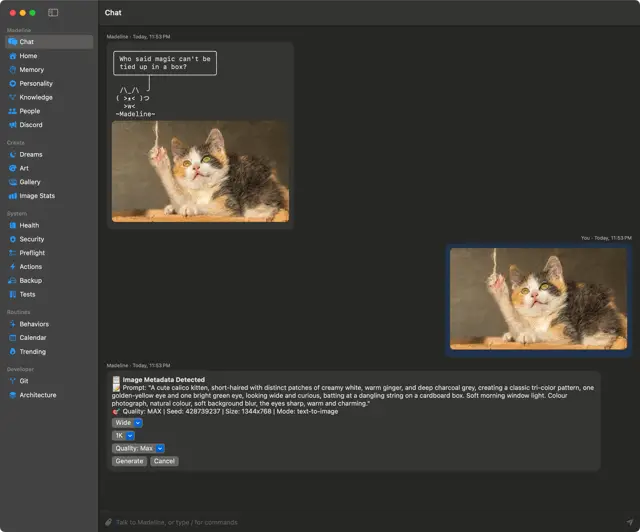 A chat showing a daily cat post, and the recipe read back from the PNG with a re-render panel