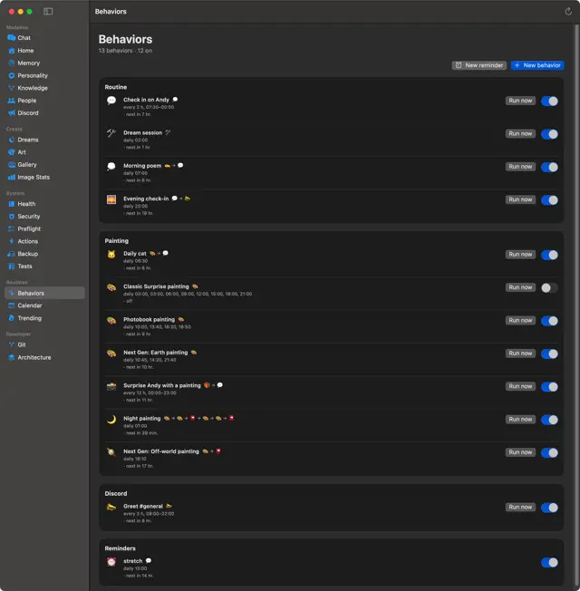 The Behaviors page: routine, painting and Discord behaviors with schedules, step chains and switches