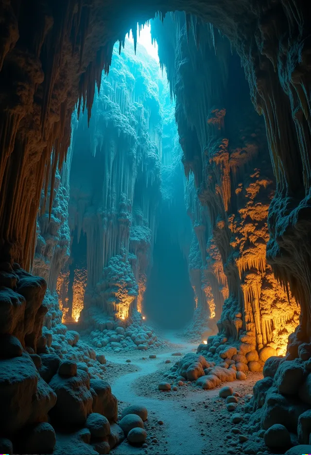 A cave of pale blue stalactites and calcite columns, lit amber from within, with a sandy path running into the distance