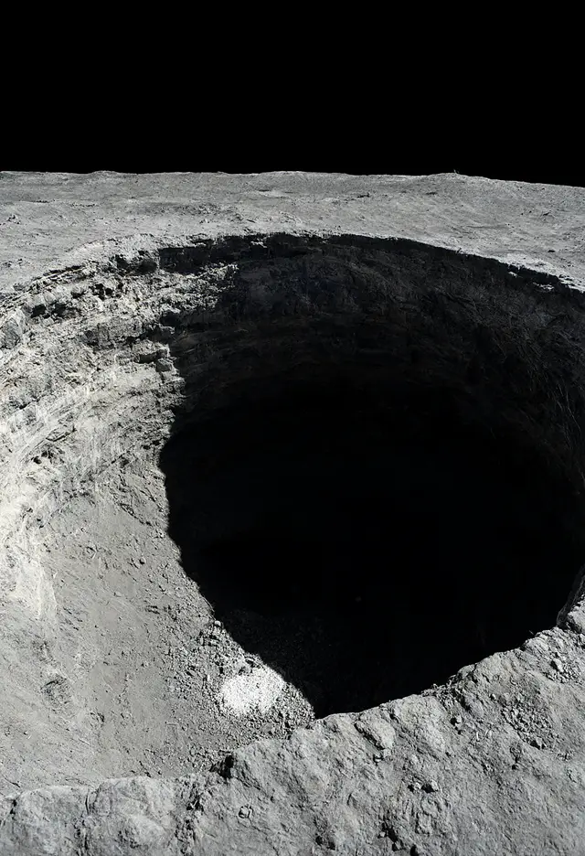 Looking down into a round pit on the Moon, its basalt walls half in sun, opening into a dark lava tube