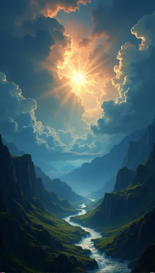 The genesis image: a sunburst through clouds over a mountain valley