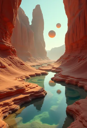 A red sandstone canyon with a turquoise stream and floating orbs