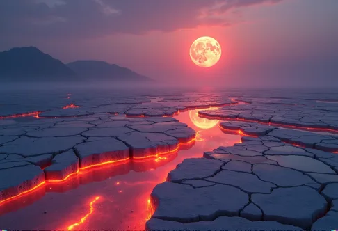 A cracked lava field under a red moon