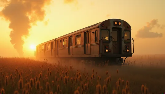 An old railcar standing in a golden field under a hazy sky