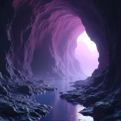 A purple cave opening onto bright light, with a stream on its floor