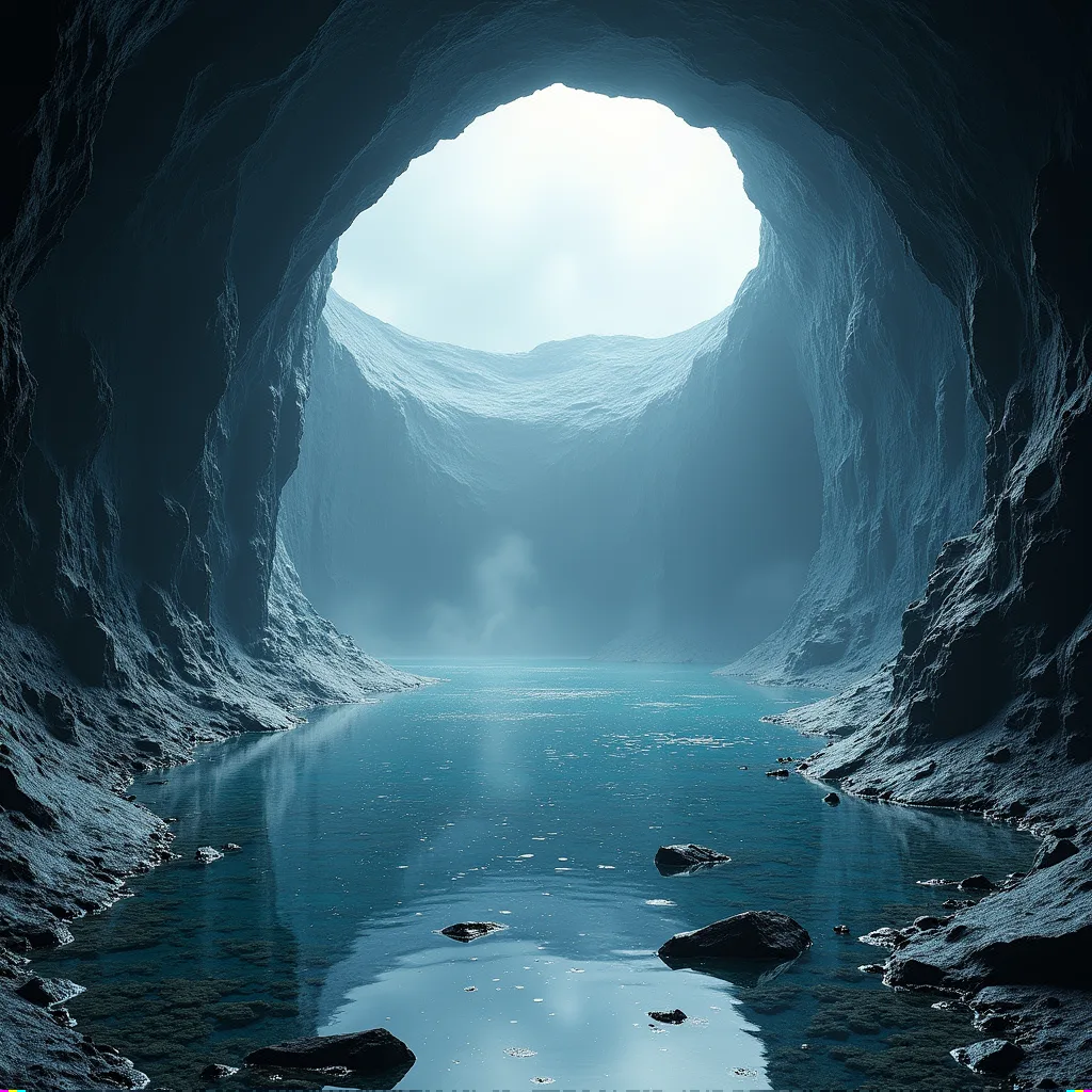 A minted image: a cave opening onto a pale sky above a still pool