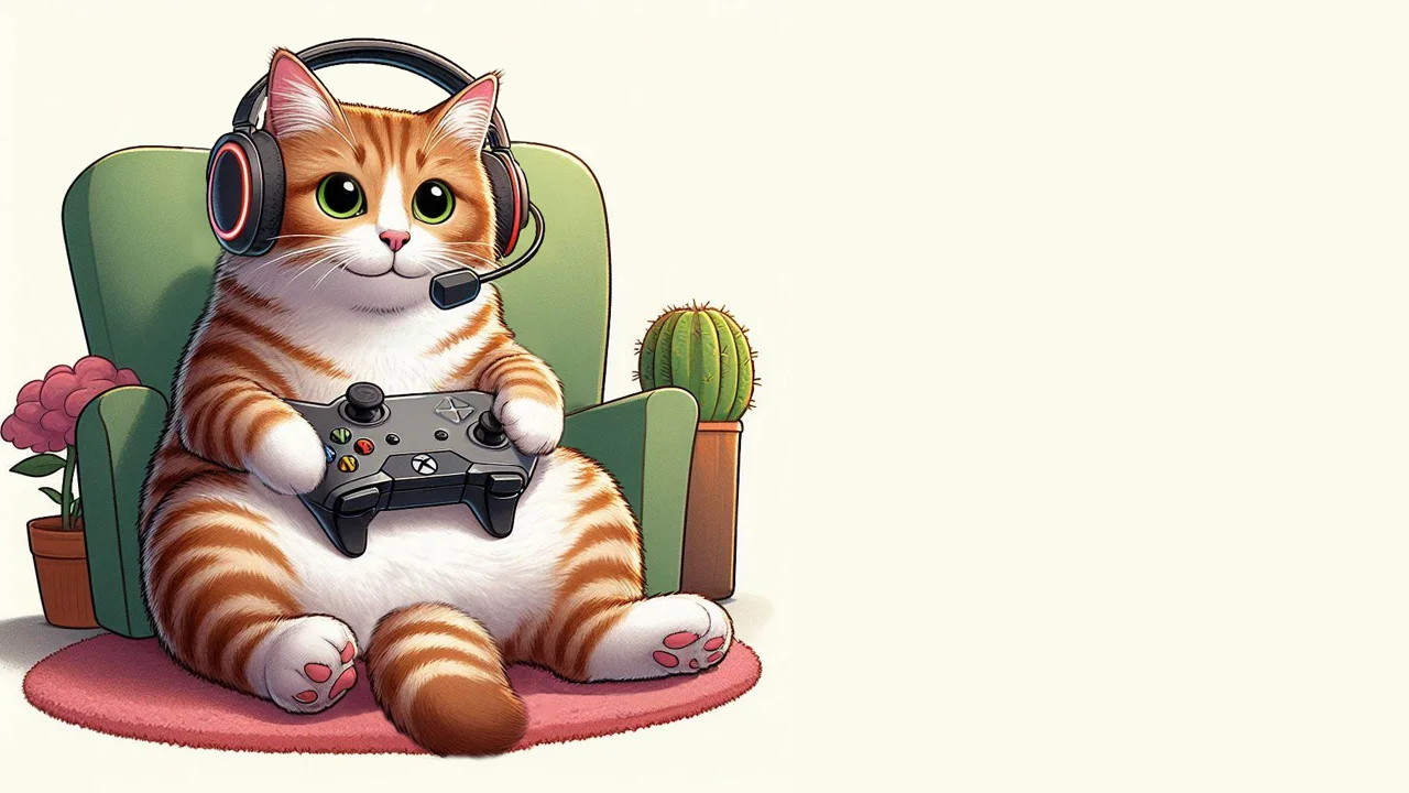 The VTuber avatar: an orange tabby in a gaming headset, holding a controller in a green armchair