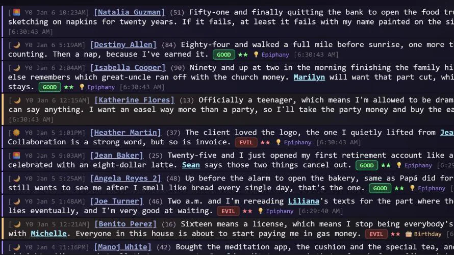 The Random Thoughts live feed: short first-person thoughts, each tagged with a name, mood and job